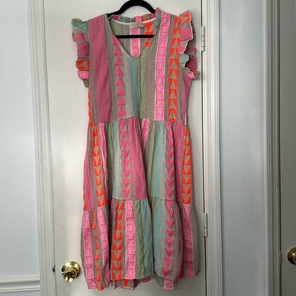 Pink & Mint Tiered Midi Dress with Neon Trim